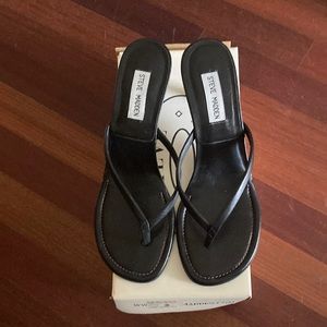Black leather high heel flip flops